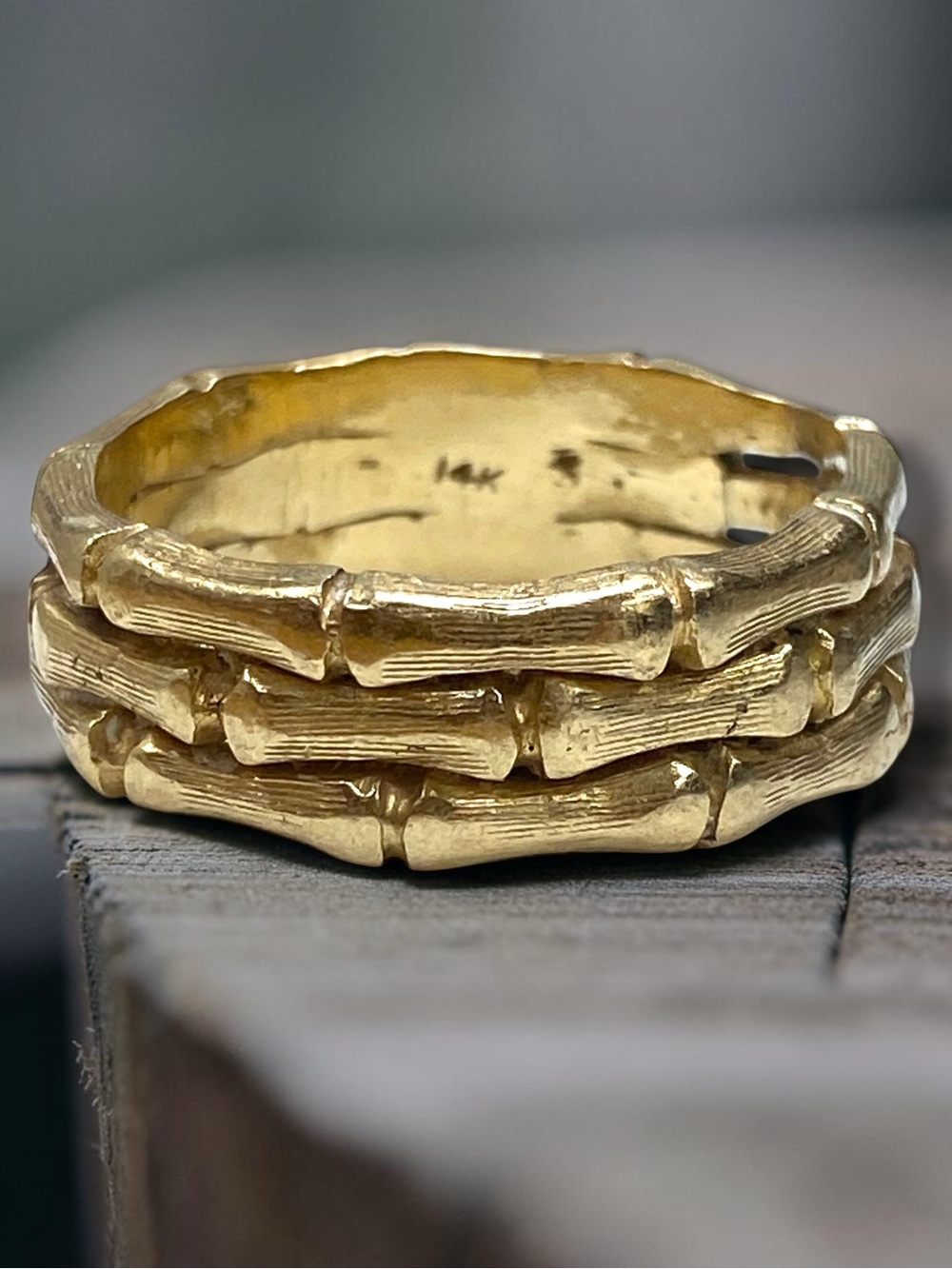 Vintage 14K Yellow Gold 8mm Wide BAMBOO Style Band Ring Estate Piece Size 10.25